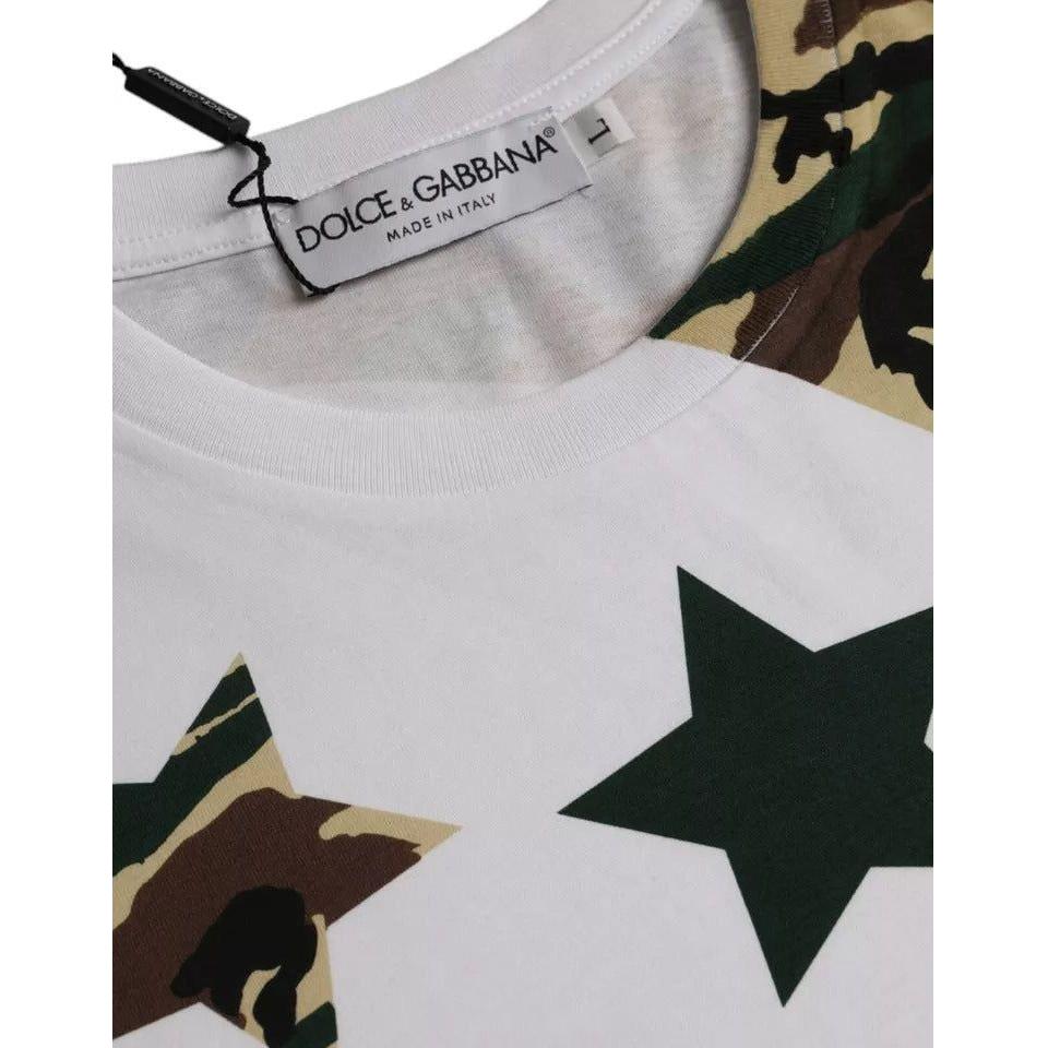 Dolce & Gabbana white camouflage stars crew neck men’s t-shirt, showcasing tag and star print design, made in Italy.