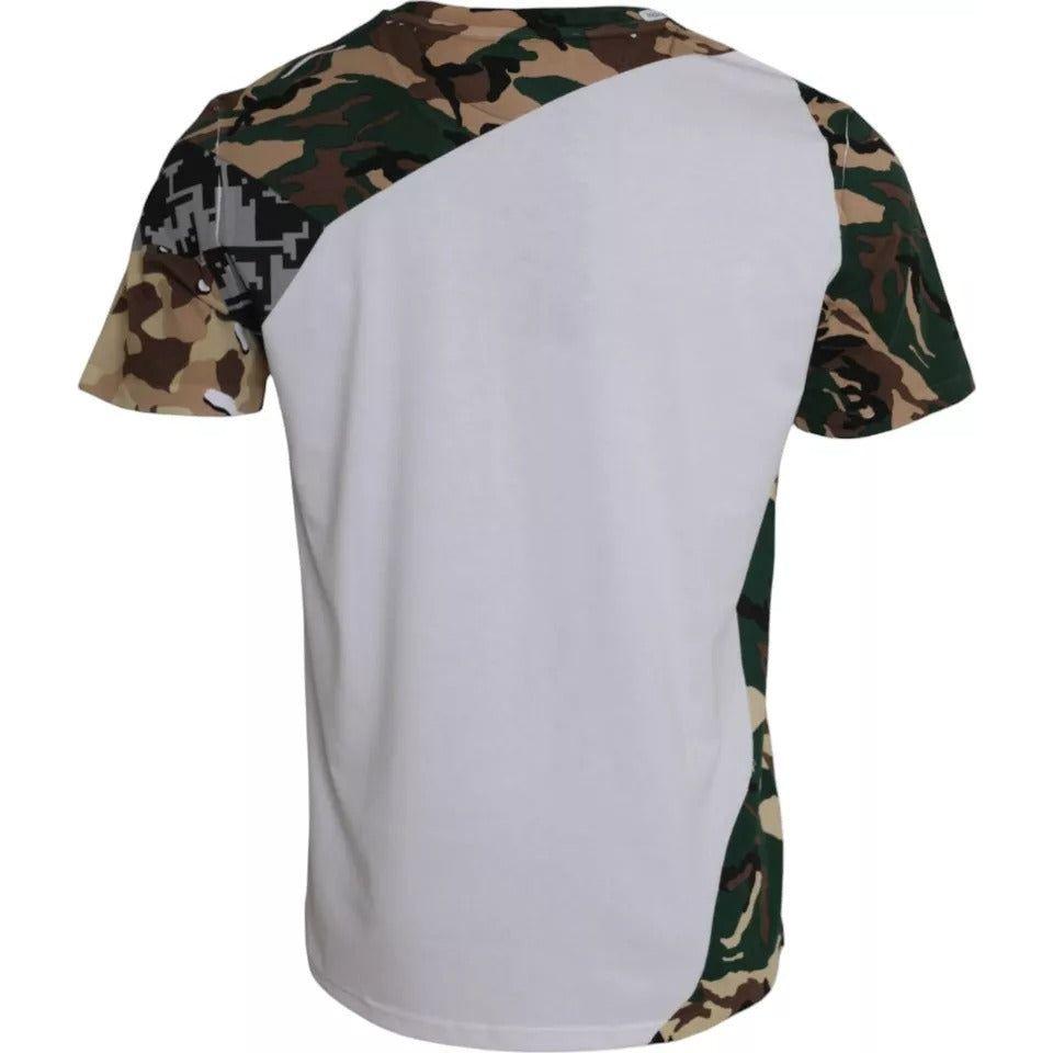 Dolce & Gabbana white camouflage stars crew neck men's t-shirt, back view, featuring short sleeves and cotton material.