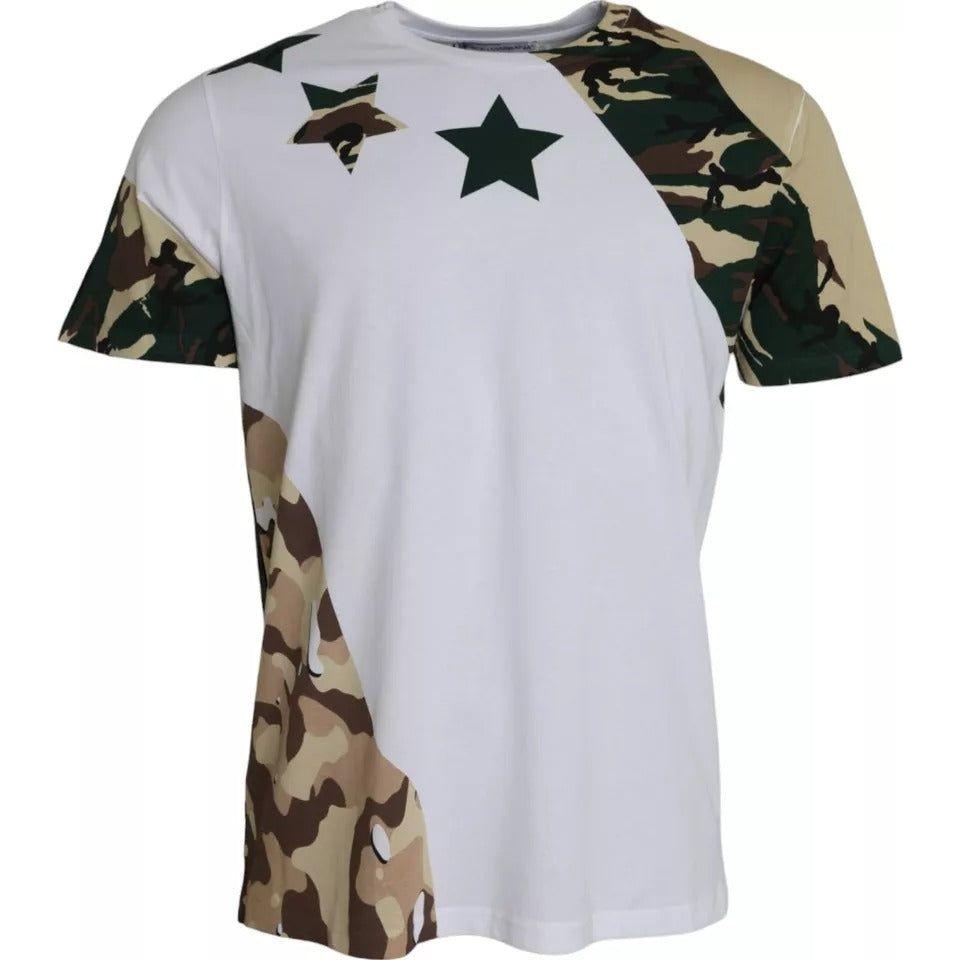 Dolce & Gabbana white camouflage stars crew neck men's t-shirt, cotton, short sleeves, regular fit, made in Italy