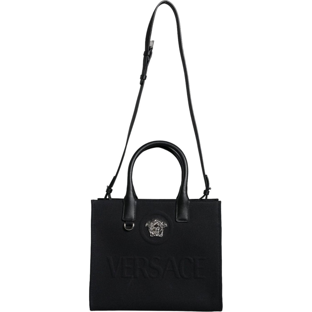 Versace Black Top Handle Canvas Leather Logo Crossbody Tote Bag BAG1594