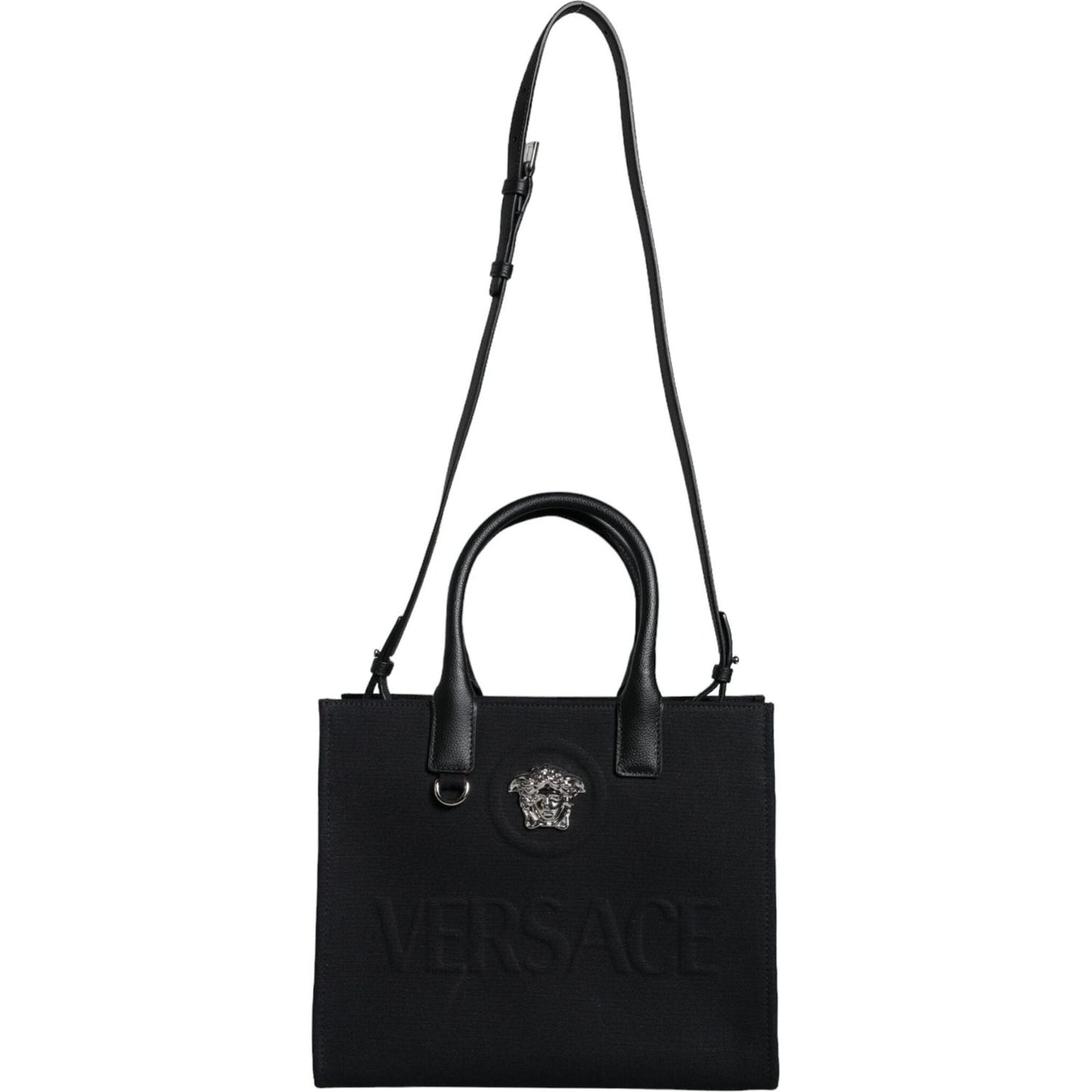 Versace Black Top Handle Canvas Leather Logo Crossbody Tote Bag BAG1594