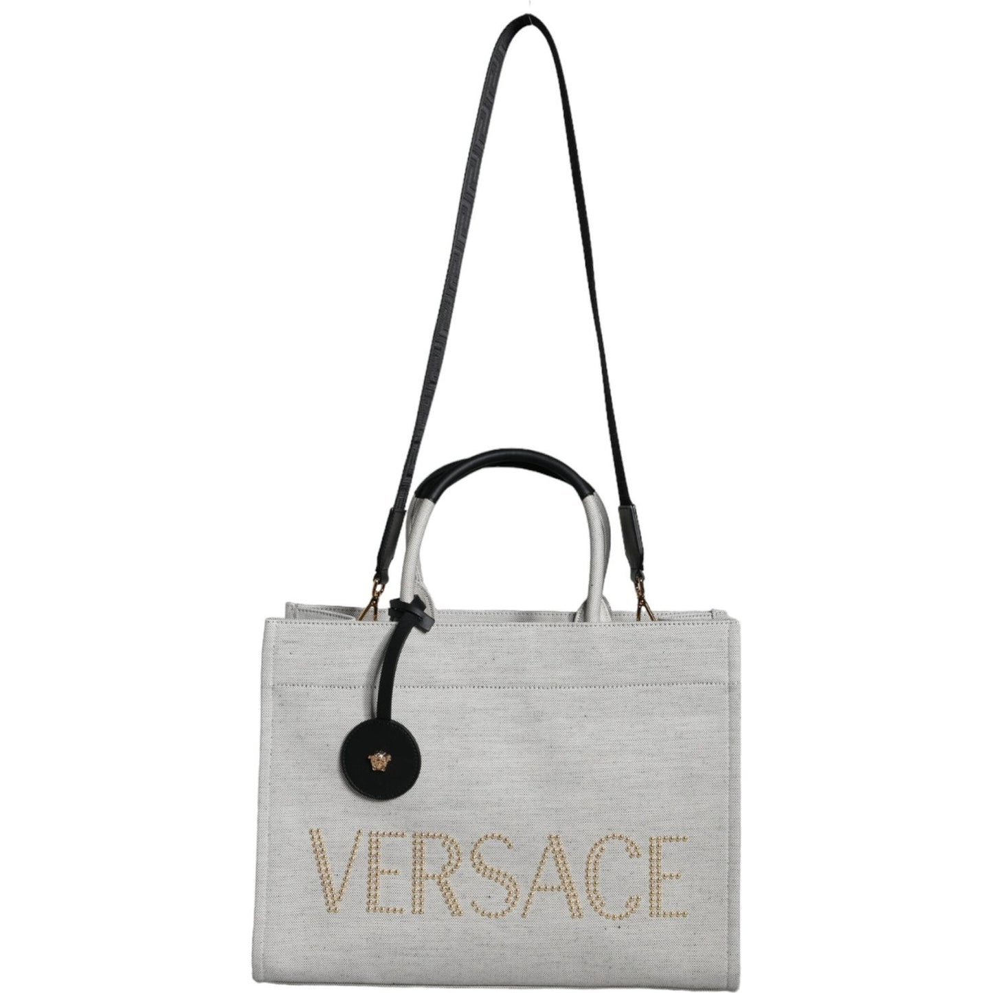 Versace White Top Handle Canvas Leather Logo Crossbody Tote Bag Versace Gray
