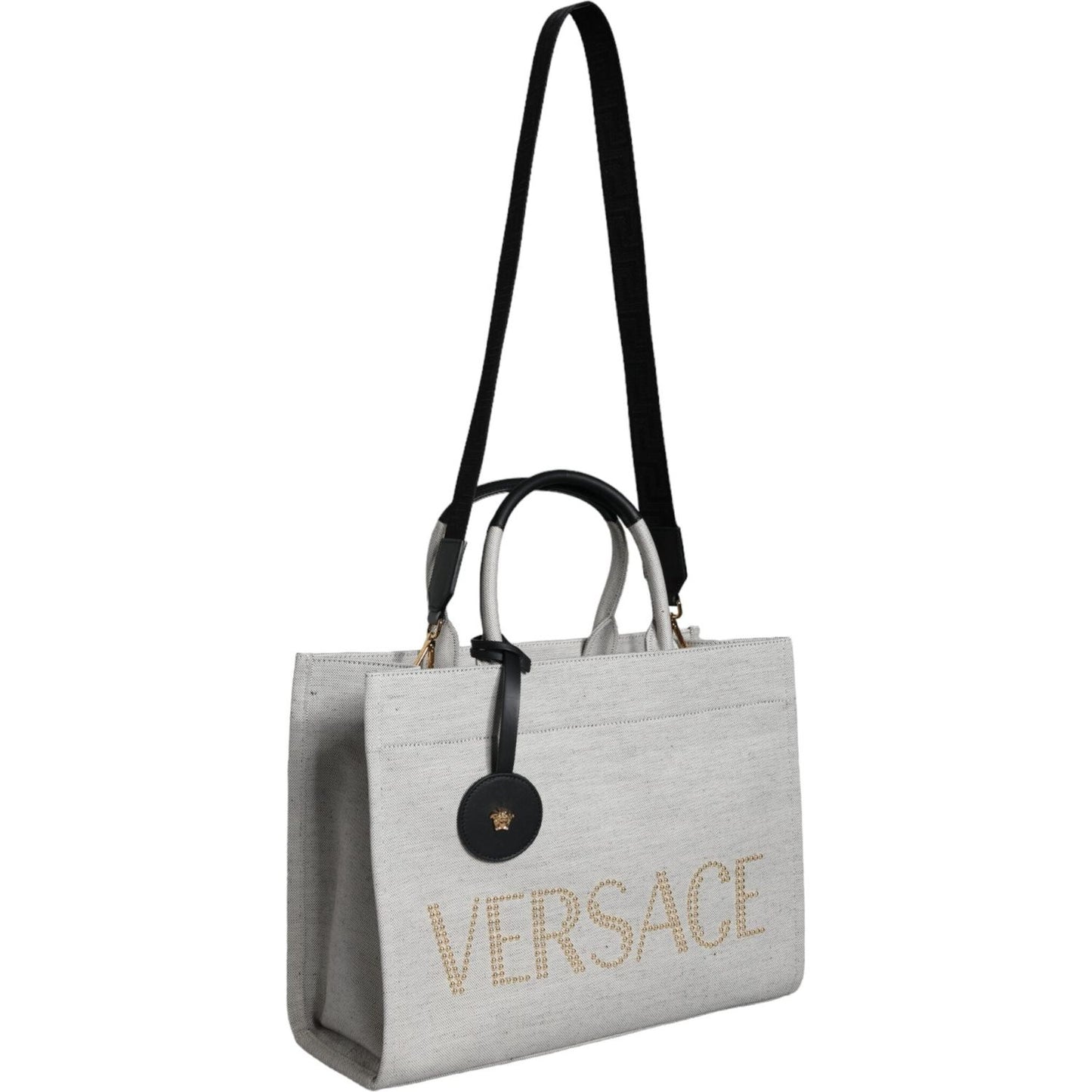 Versace White Top Handle Canvas Leather Logo Crossbody Tote Bag Versace Gray