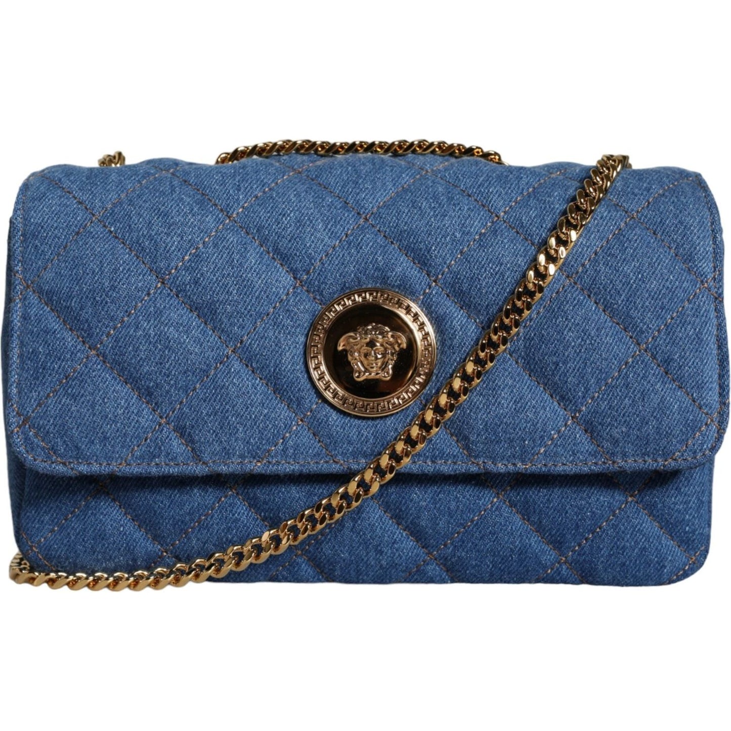 Versace Blue Quilted Denim Leather Crossbody Shoulder Bag Versace Dark Slate Blue
