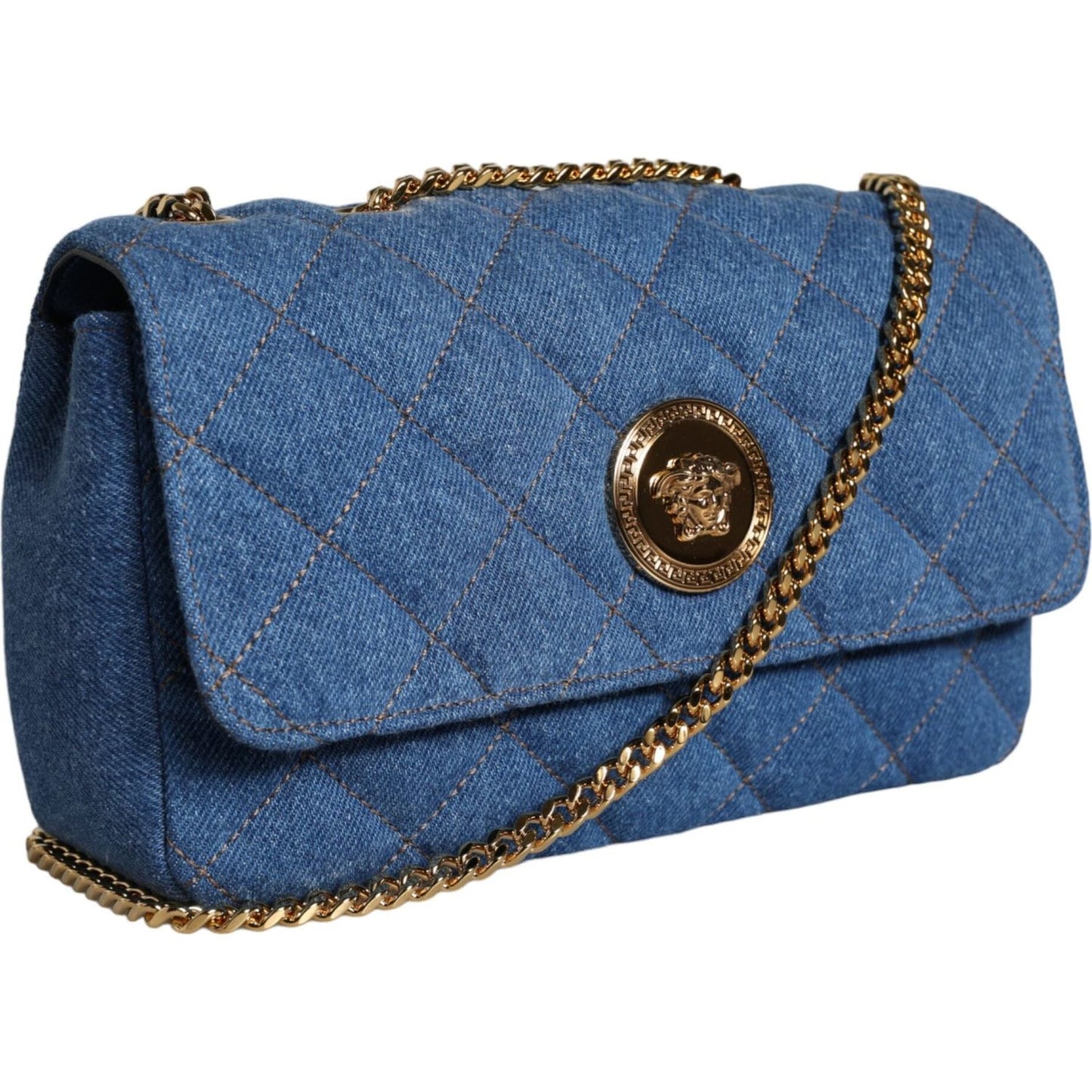 Versace Blue Quilted Denim Leather Crossbody Shoulder Bag Versace Dark Slate Blue