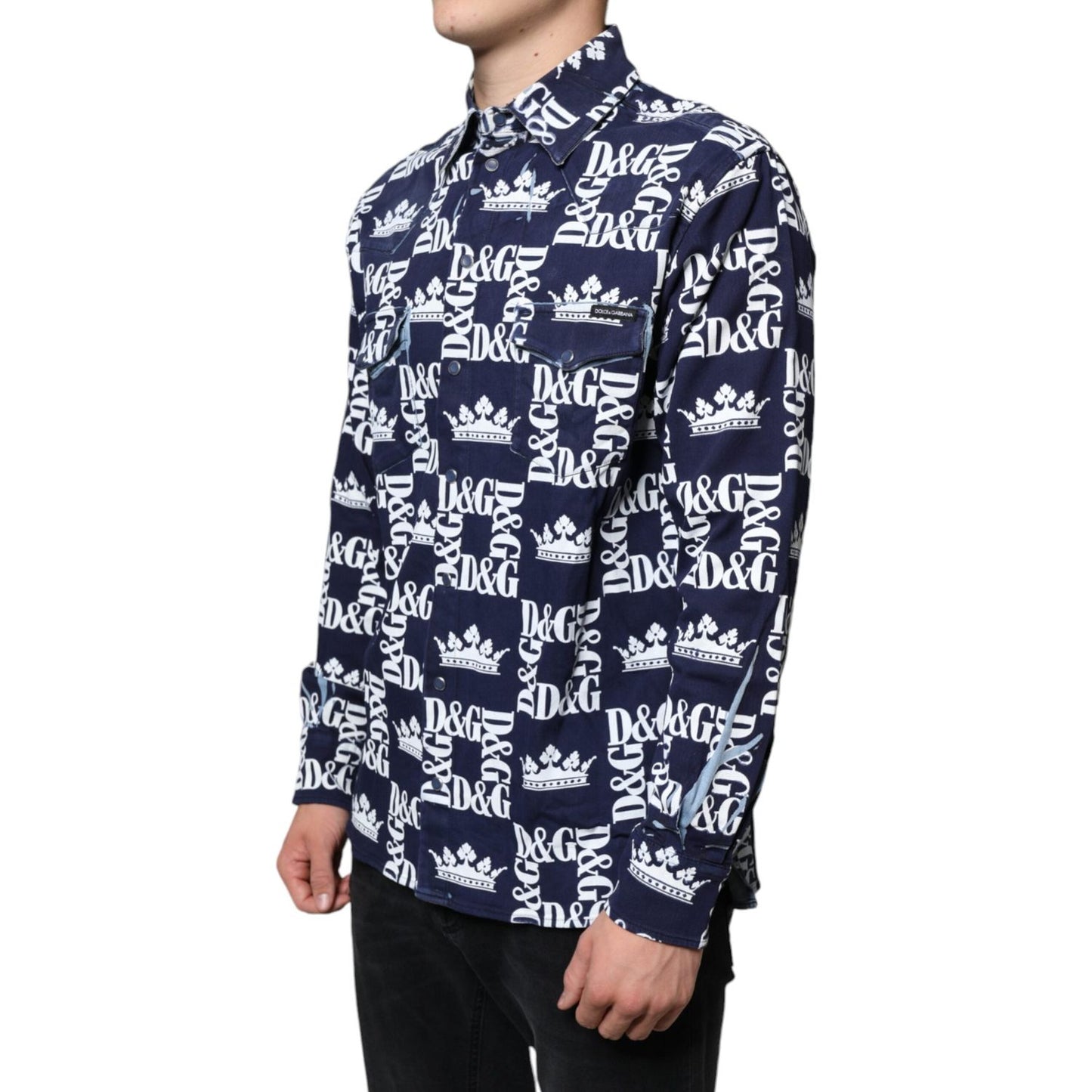 Dolce & Gabbana Blue Crown Logo Print Slim Fit Cotton Shirt Dolce & Gabbana Light Gray
