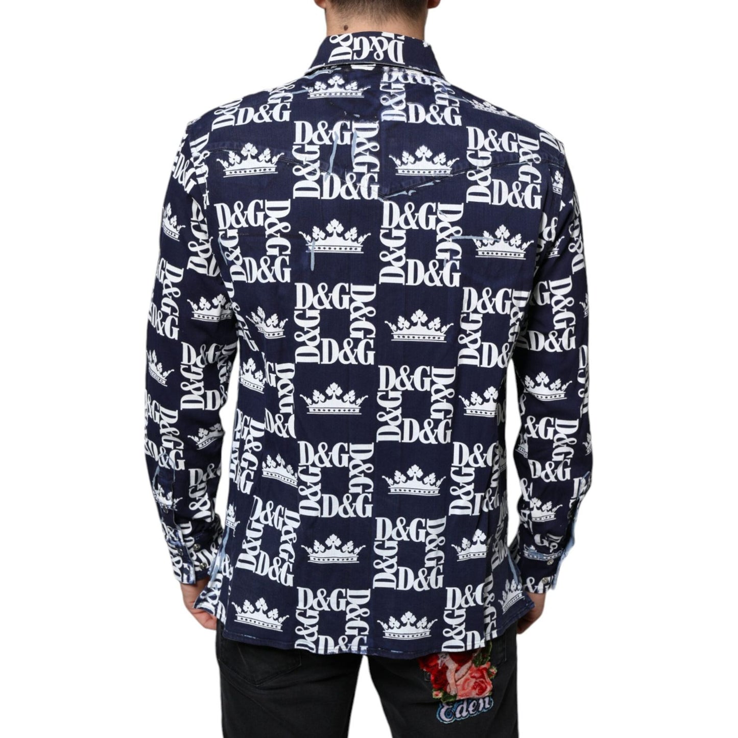 Dolce & Gabbana Blue Crown Logo Print Slim Fit Cotton Shirt Dolce & Gabbana Light Gray