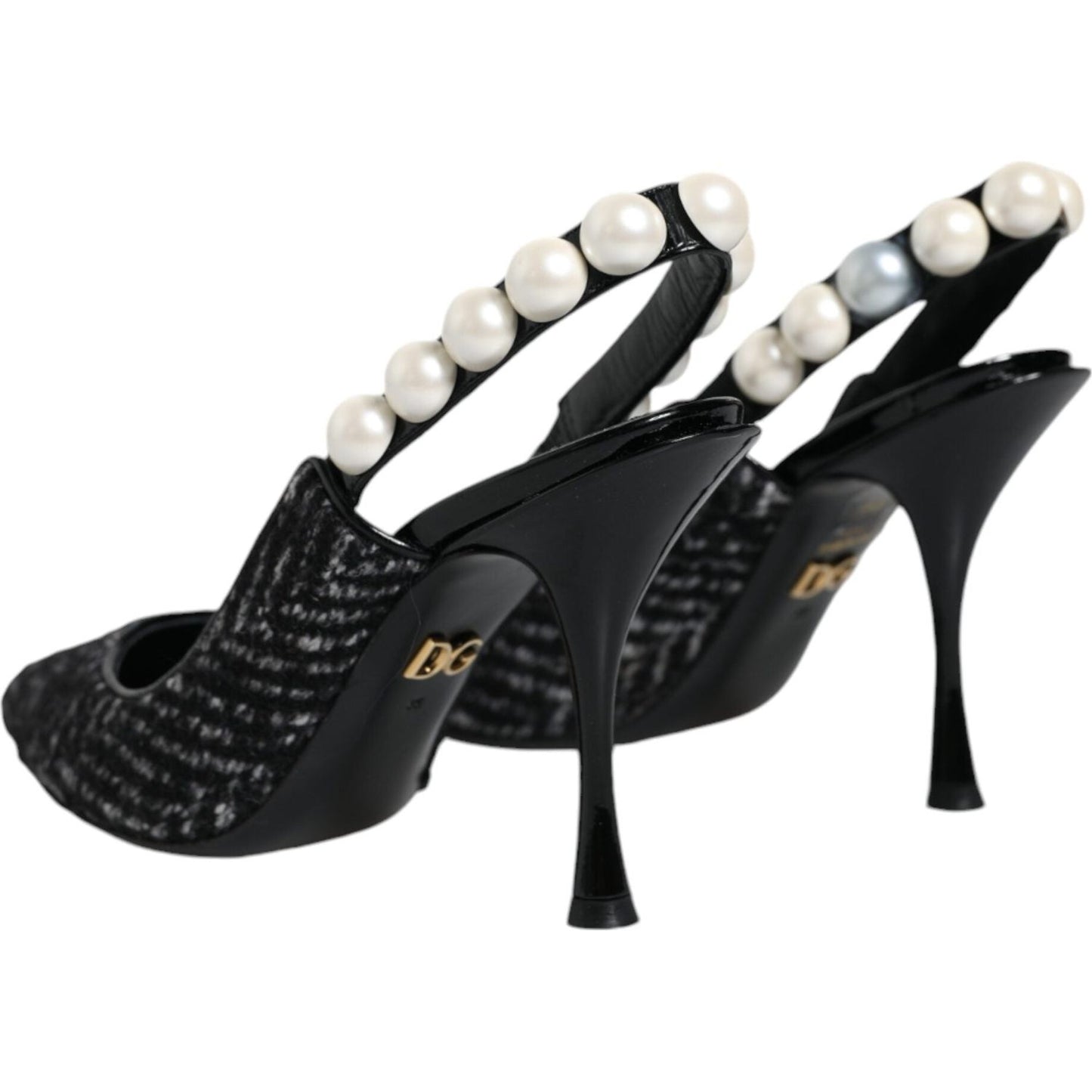 Dolce & Gabbana White Black Chevron Faux Pearl Slingback Shoes Dolce & Gabbana Black