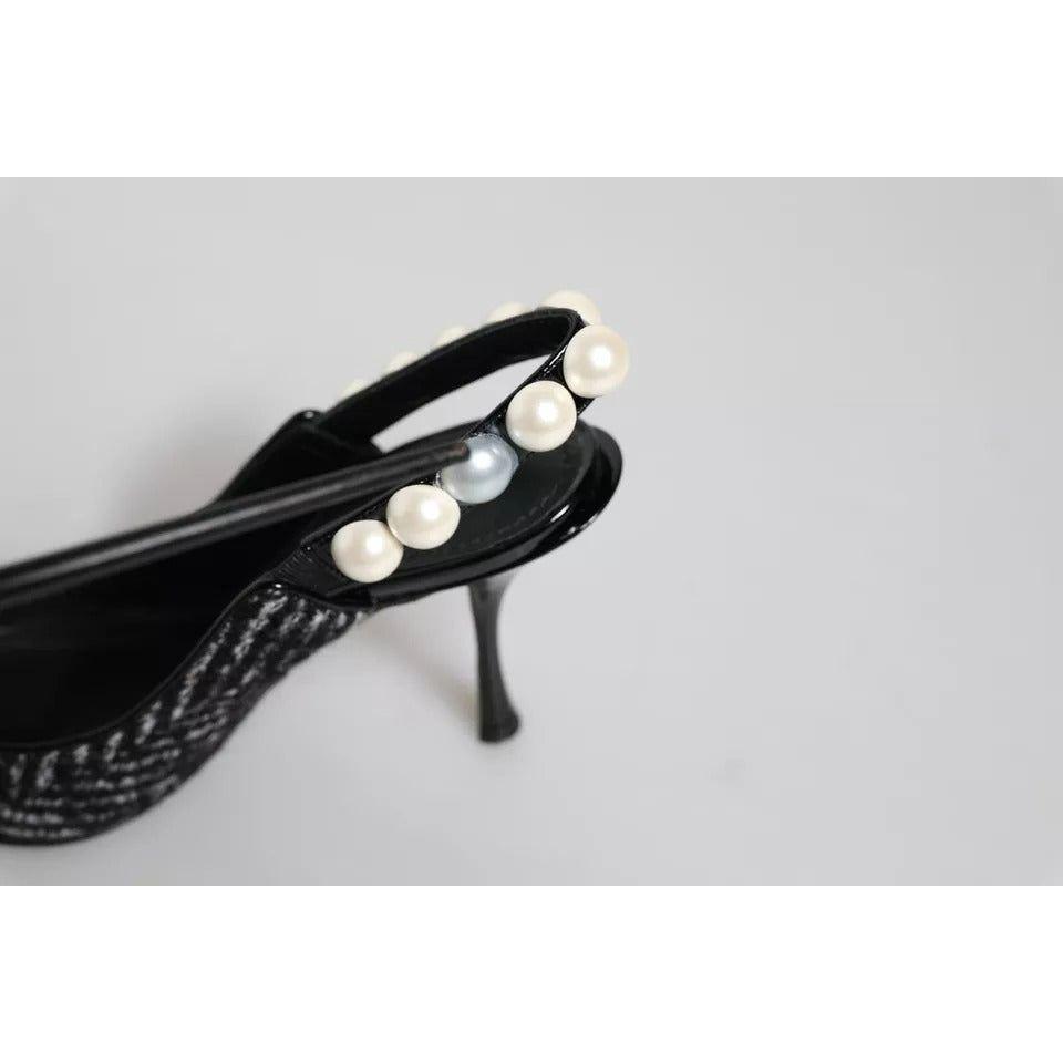 Dolce & Gabbana White Black Chevron Faux Pearl Slingback Shoes Dolce & Gabbana Light Gray
