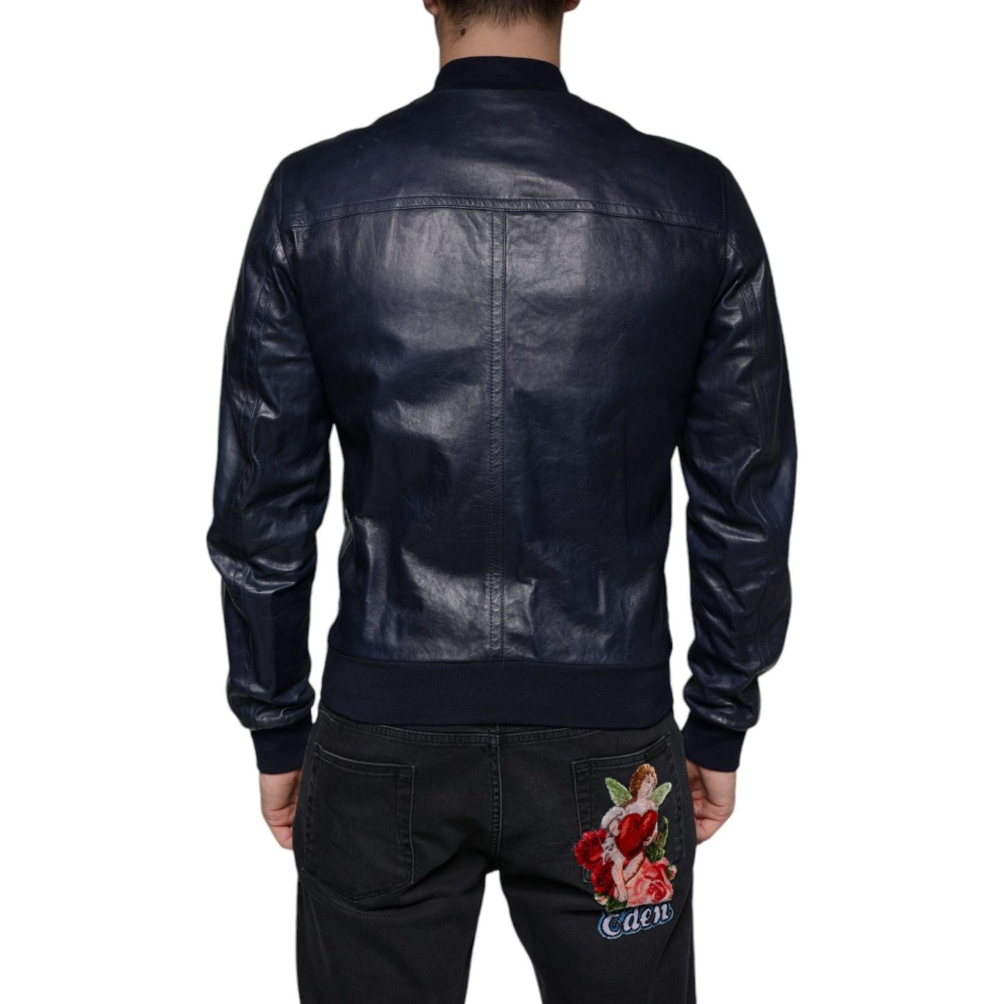 Dolce & Gabbana Blue Lambskin Leather Full Zip Biker Jacket Dolce & Gabbana Black