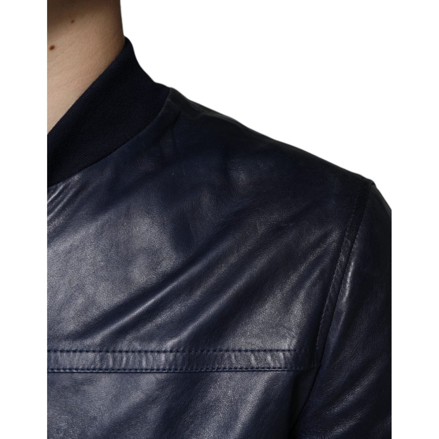 Dolce & Gabbana Blue Lambskin Leather Full Zip Biker Jacket Dolce & Gabbana Dark Slate Gray