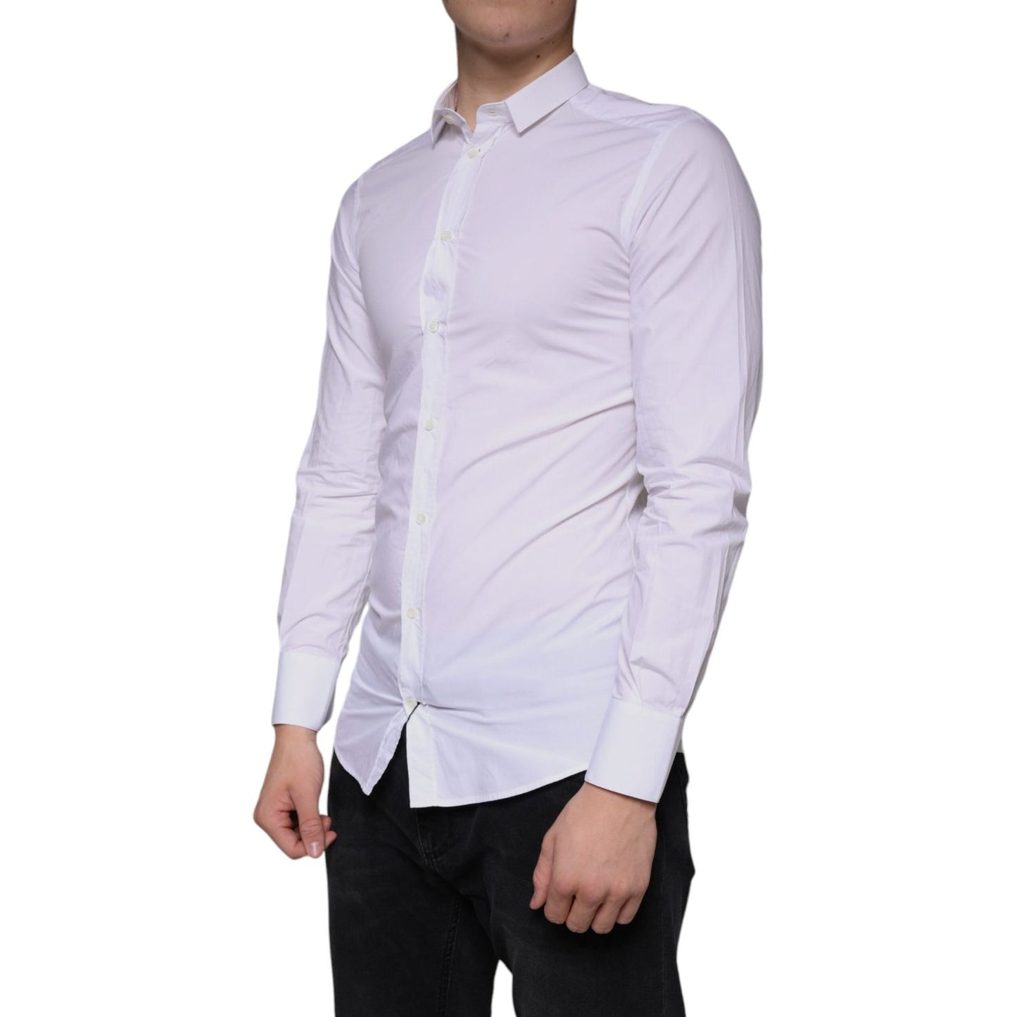 Dolce & Gabbana White Cotton Dress GOLD Formal Collared Shirt Dolce & Gabbana Light Gray