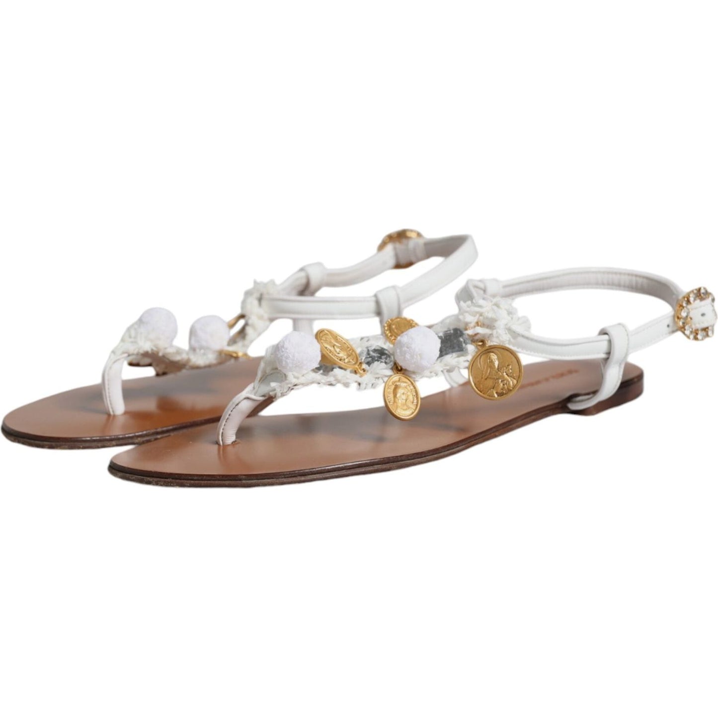 Dolce & Gabbana White Leather Coins Flip Flops Sandals Shoes Dolce & Gabbana Rosy Brown