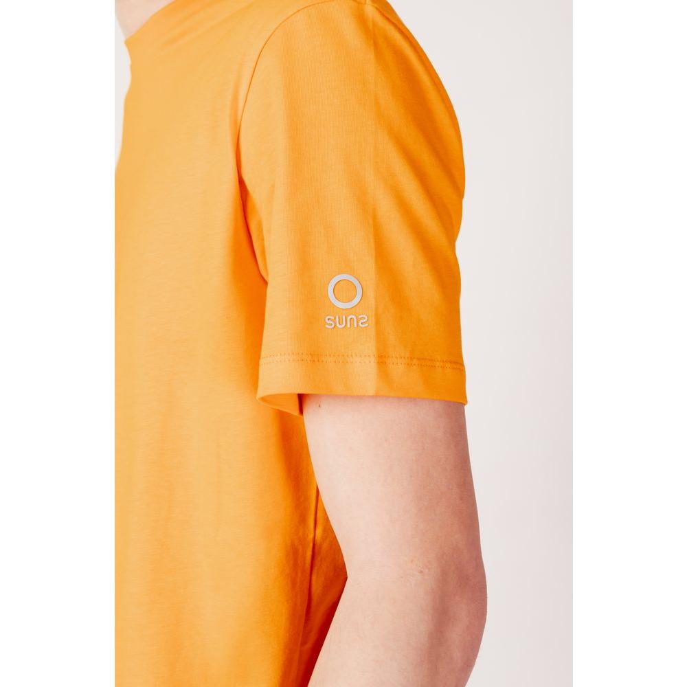 Model wearing Suns orange cotton T-shirt, men's spring/summer collection, 100% cotton, side view showing sleeve logo detail.