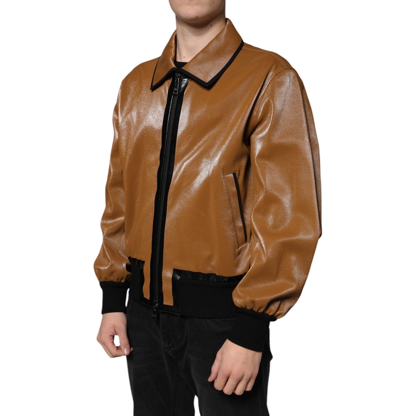 Dolce & Gabbana Brown Leather Full Zip Men Bomber Jacket Dolce & Gabbana Sienna