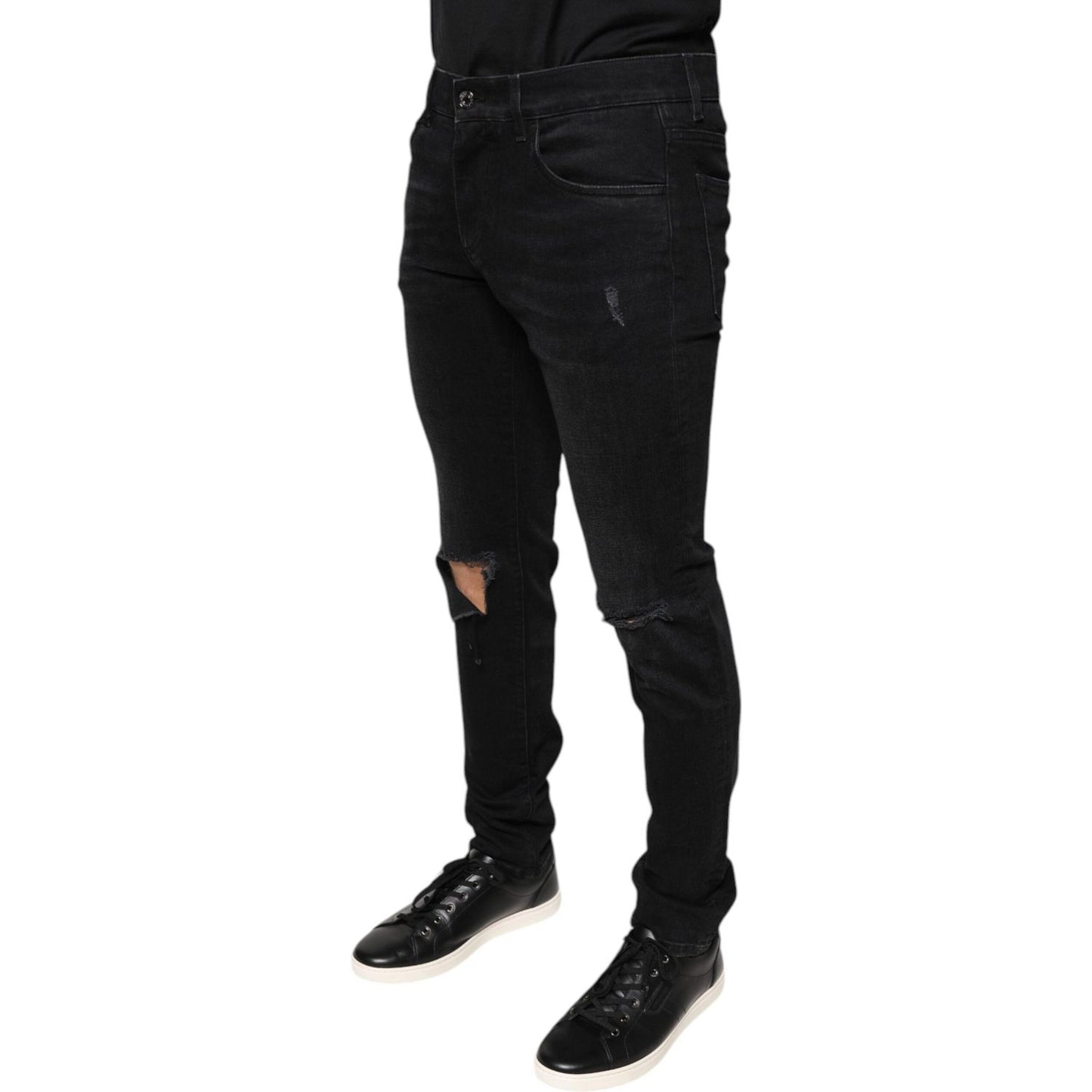 Dolce & Gabbana Black Tattered Cotton Skinny Men Denim Jeans Dolce & Gabbana Black