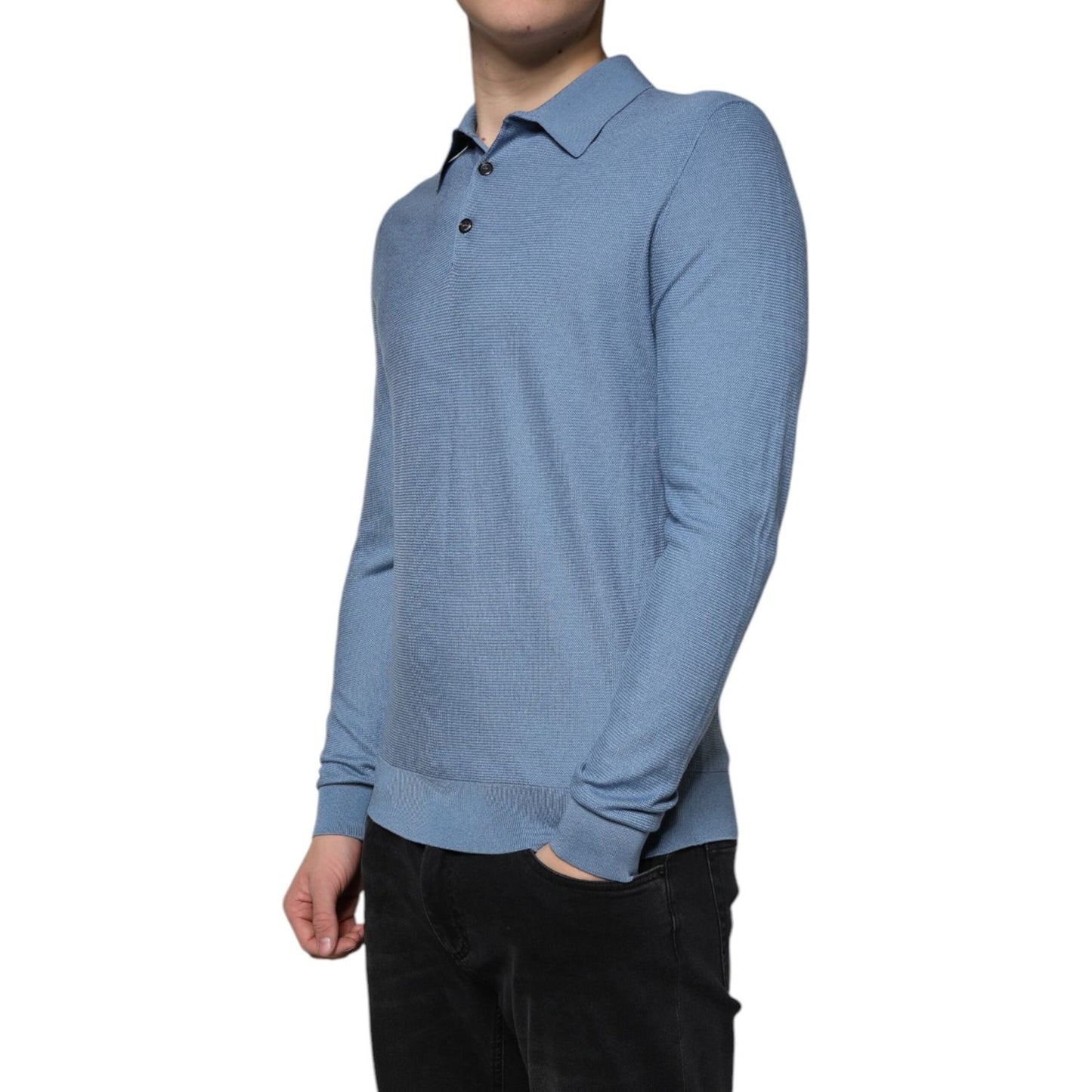 Dolce & Gabbana Sky Blue Silk Collared Men Pullover Sweater Dolce & Gabbana Light Slate Gray