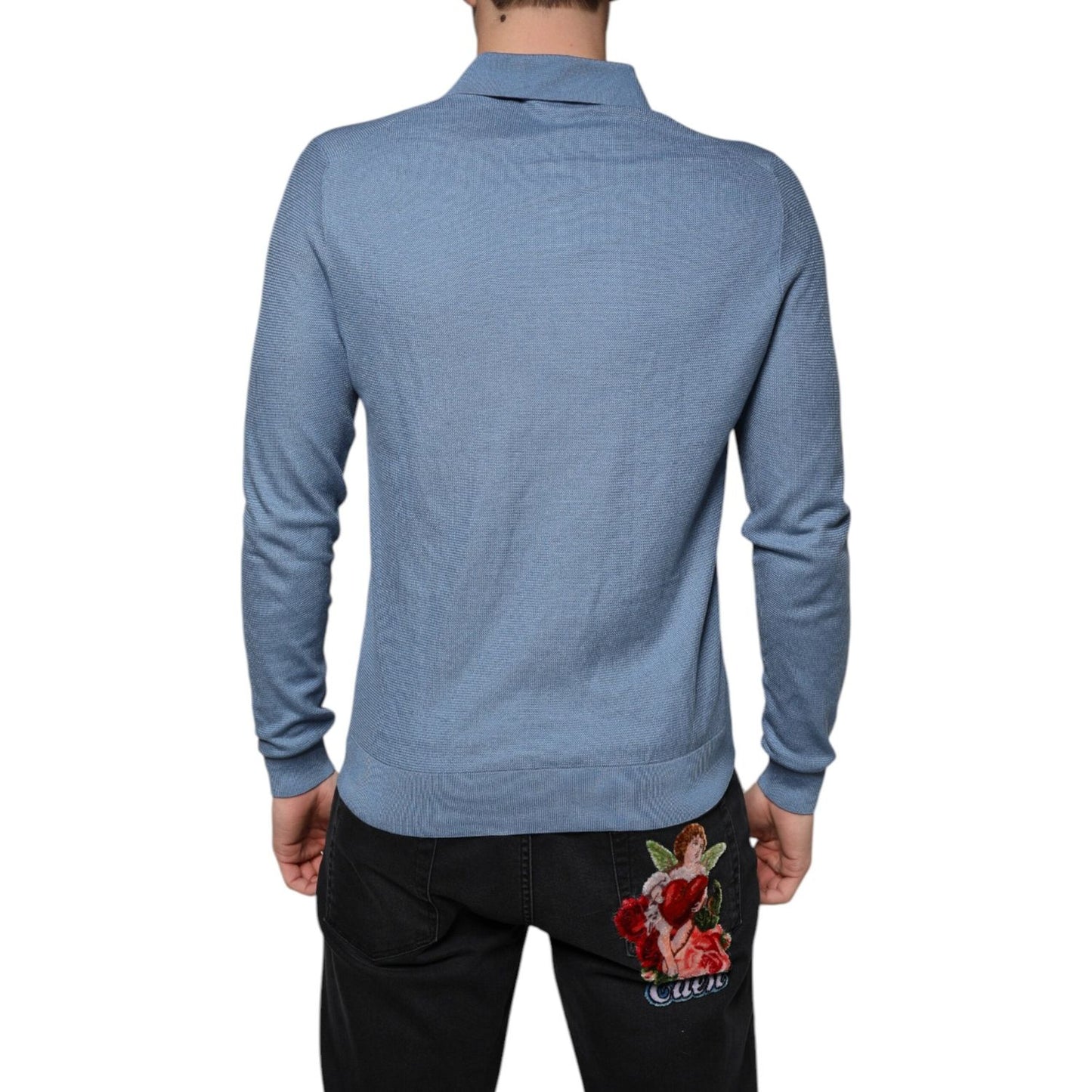 Dolce & Gabbana Sky Blue Silk Collared Men Pullover Sweater Dolce & Gabbana Light Slate Gray