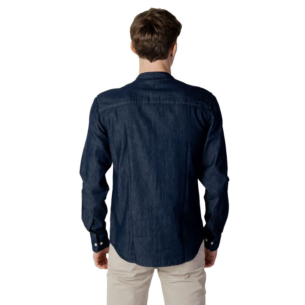 Back view of a Peuterey blue cotton long sleeve men's shirt from the Spring/Summer collection.