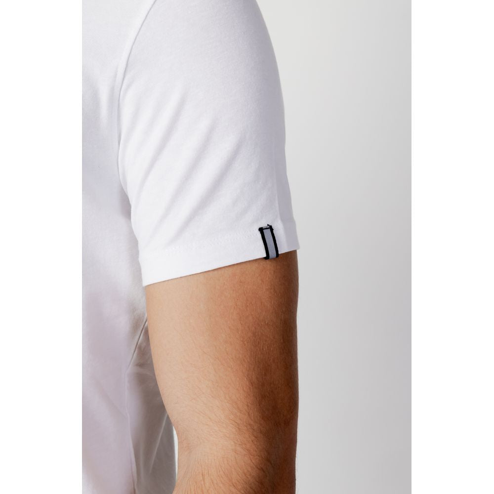 Close-up of a white U.S. POLO ASSN. cotton t-shirt sleeve with a discreet logo, showcasing soft fabric and short-sleeve design for men.