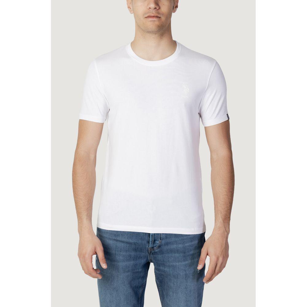 Front view of man wearing U.S. POLO ASSN. white cotton t-shirt, short-sleeve, designed for comfort and style with discreet logo.