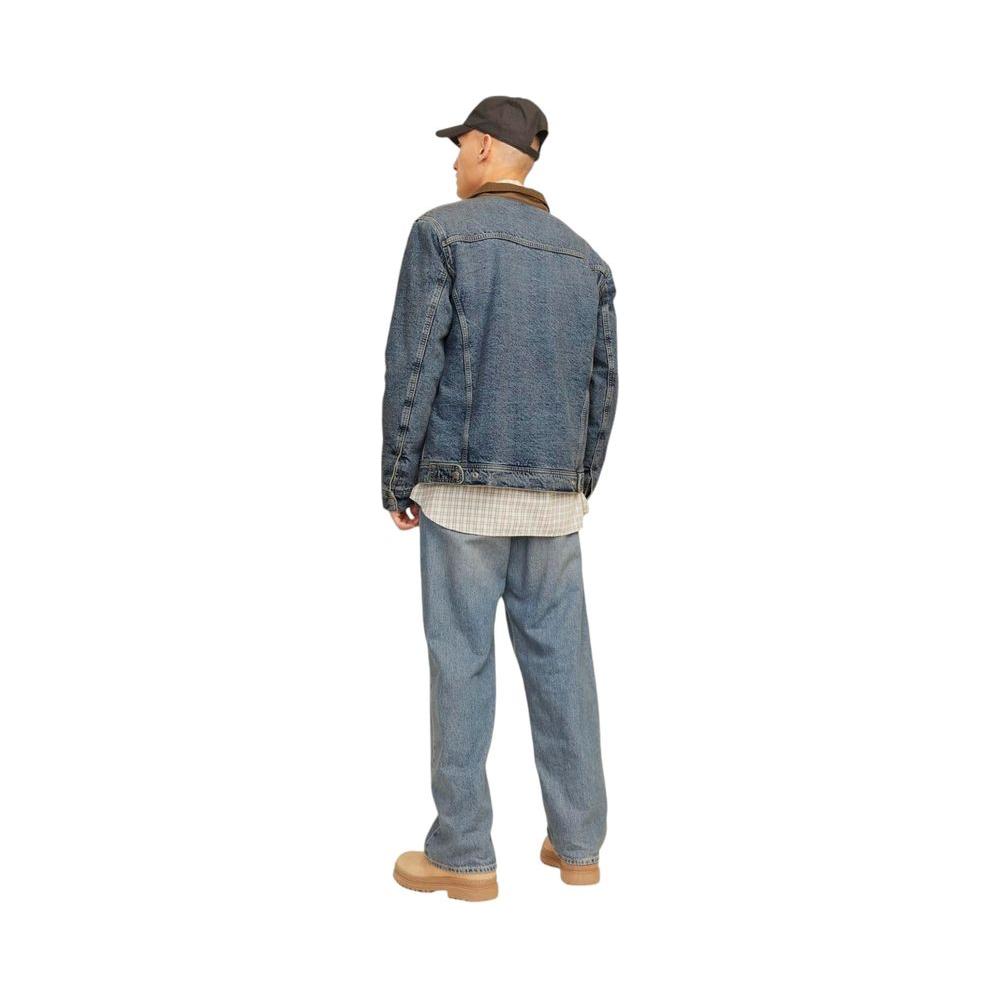 Jack Jones blue cotton fall jacket for men, back view, featuring classic denim style and fall/winter collection design, 100% cotton.