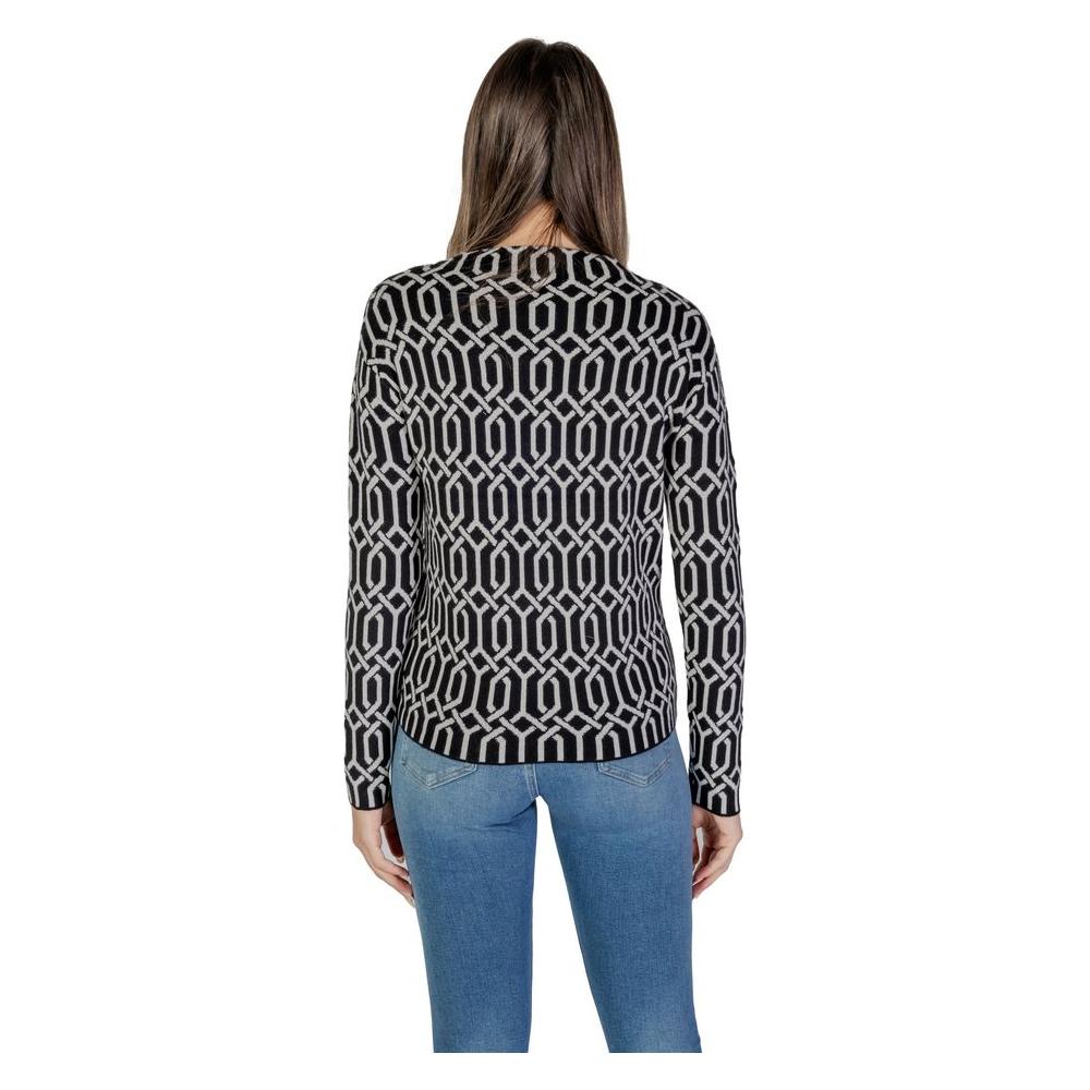 Street One black viscose sweater, fall/winter collection, women's knitwear with geometric pattern, rear view.