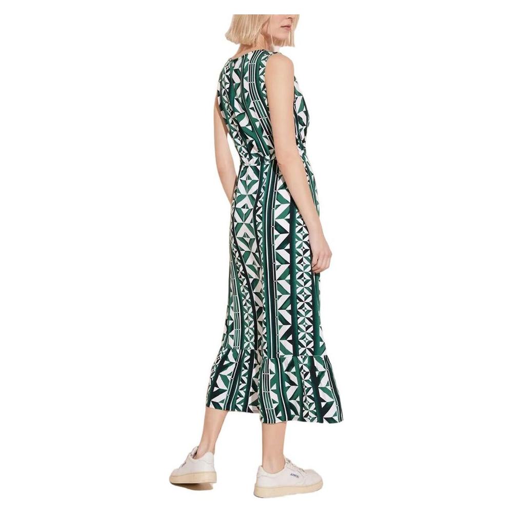 Woman wearing Street One green viscose dress with geometric pattern, perfect for spring and summer fashion.