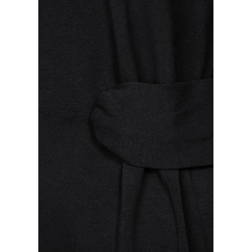 Close-up of Street One women's black cotton midi dress fabric detail, spring/summer collection, with belt accent.