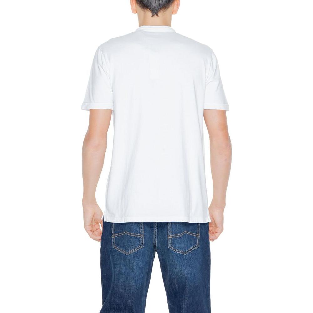 Back view of a man wearing a Hamaki-Ho White Cotton T-Shirt, part of the Spring/Summer collection, paired with blue jeans.