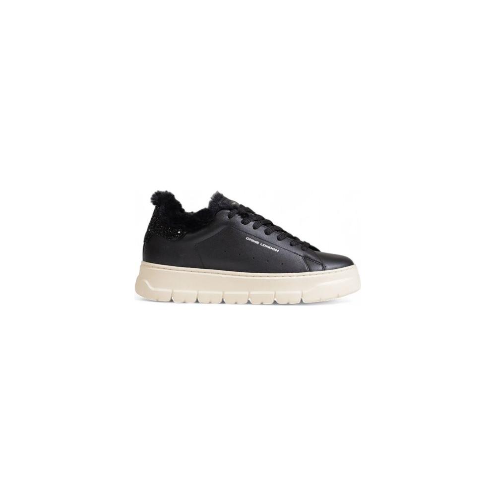 Crime London women's black leather sneaker, fall/winter collection, side view with white sole and textile detailing.
