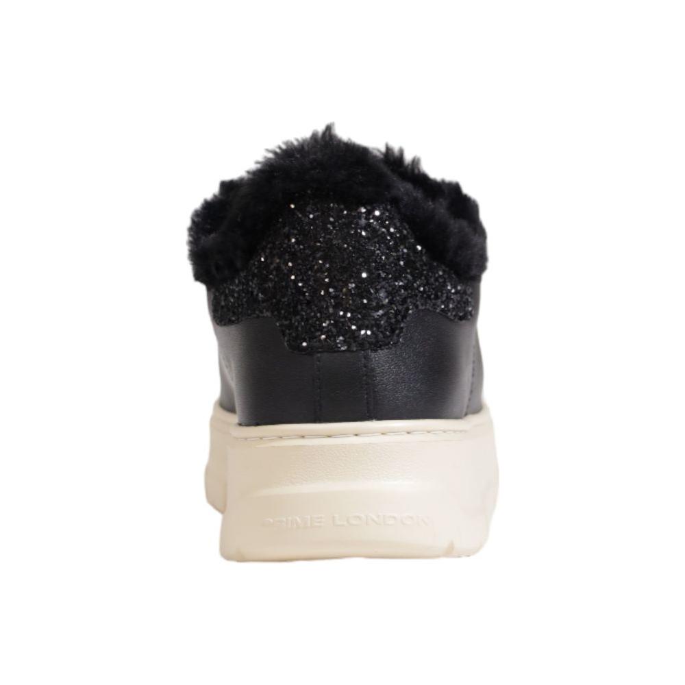 Back view of Crime London black leather sneaker for women, featuring a fluffy collar and glitter detailing, part of Fall/Winter collection.