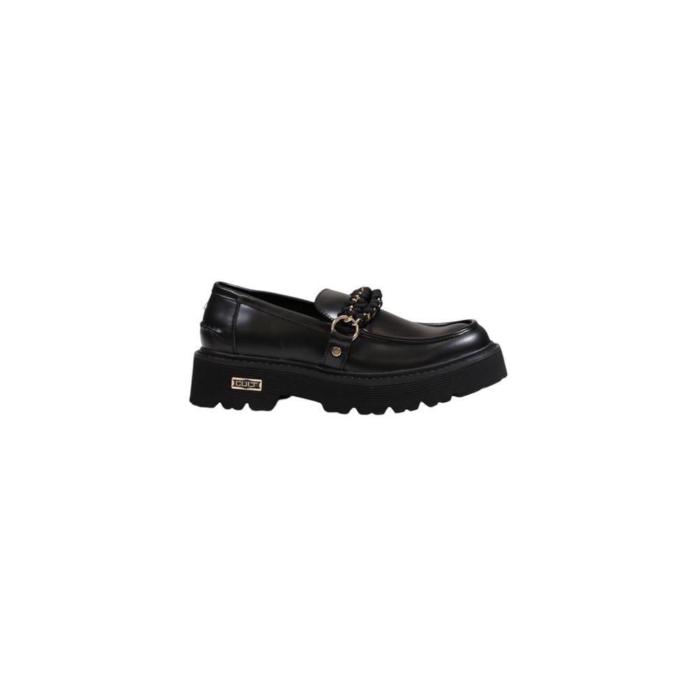 Cult black leather flat shoe for women, fall/winter collection, 100% leather composition, stylish design for fashion-forward individuals.
