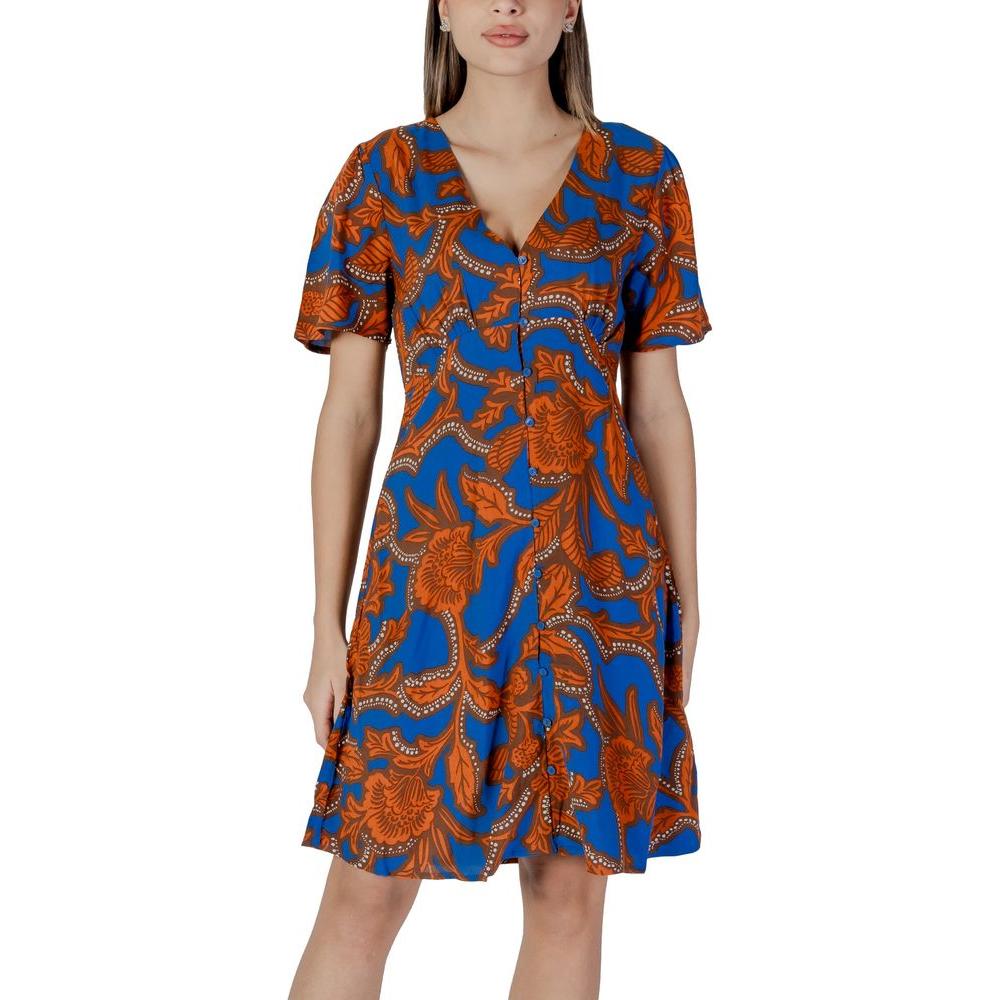 B.Young blue viscose dress with orange floral pattern for spring/summer collection, women's dress made of 100% viscose.