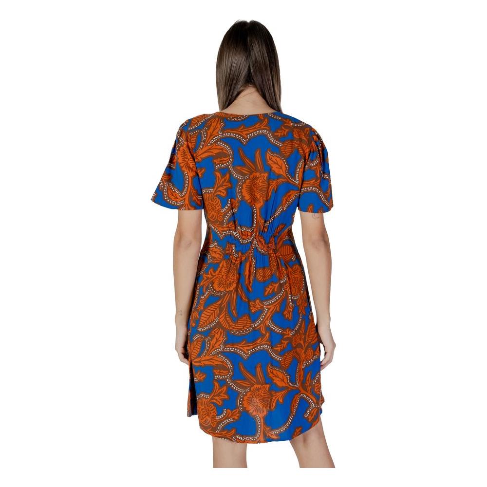 Back view of B.Young blue viscose dress with orange floral pattern, perfect for spring and summer, women's fashion collection.