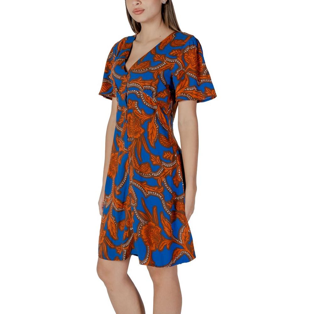 B.Young blue viscose dress with orange floral pattern, perfect for women's spring/summer collection.