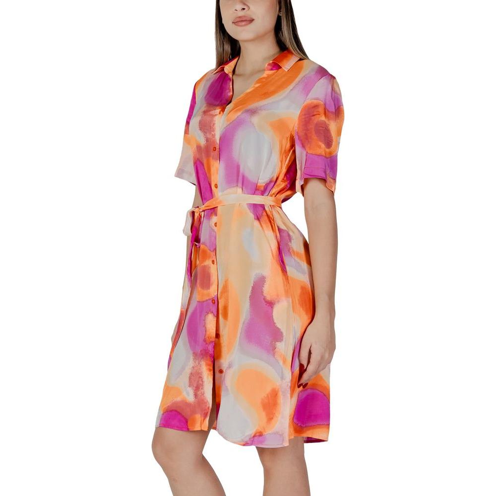 B.Young orange cotton dress for women in vibrant abstract pattern; perfect for spring/summer collection.