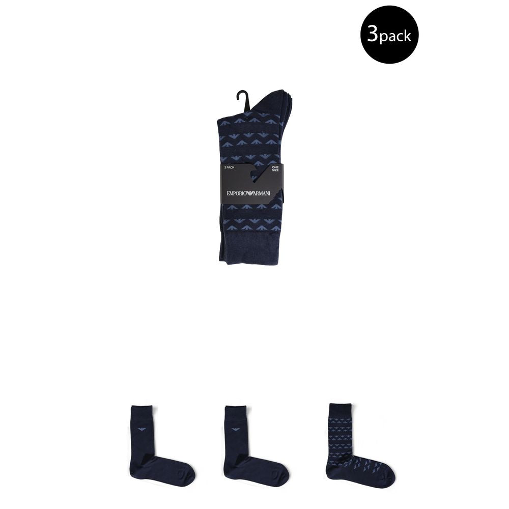 Emporio Armani blue cotton socks pack of three for men, showcasing luxury design and comfort. Perfect for casual or formal wear.