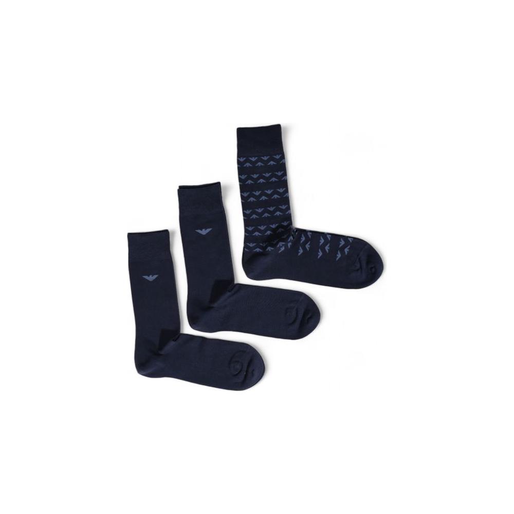 Three pairs of Emporio Armani blue cotton socks for men, showcasing logo and patterned designs, perfect for casual or formal wear.