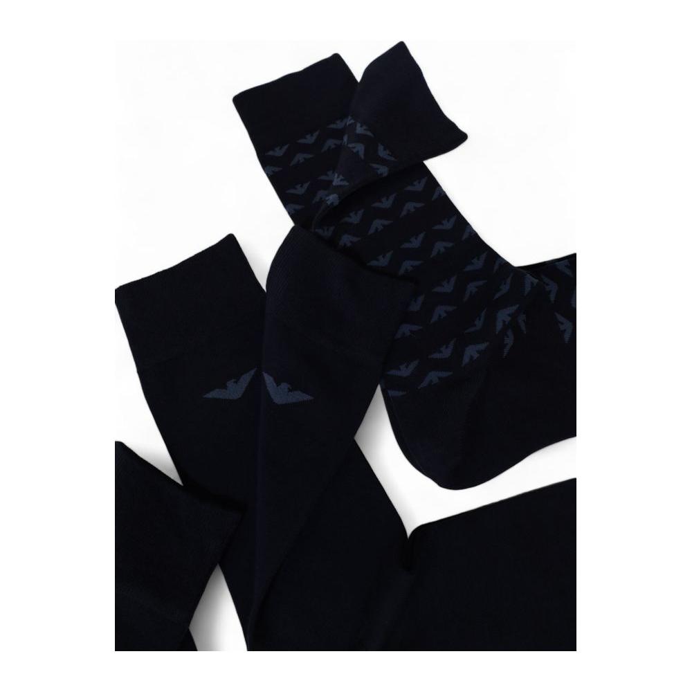 Emporio Armani blue cotton socks with logo, 3-pack for men, 100% cotton, perfect for casual or formal wear; soft and breathable.