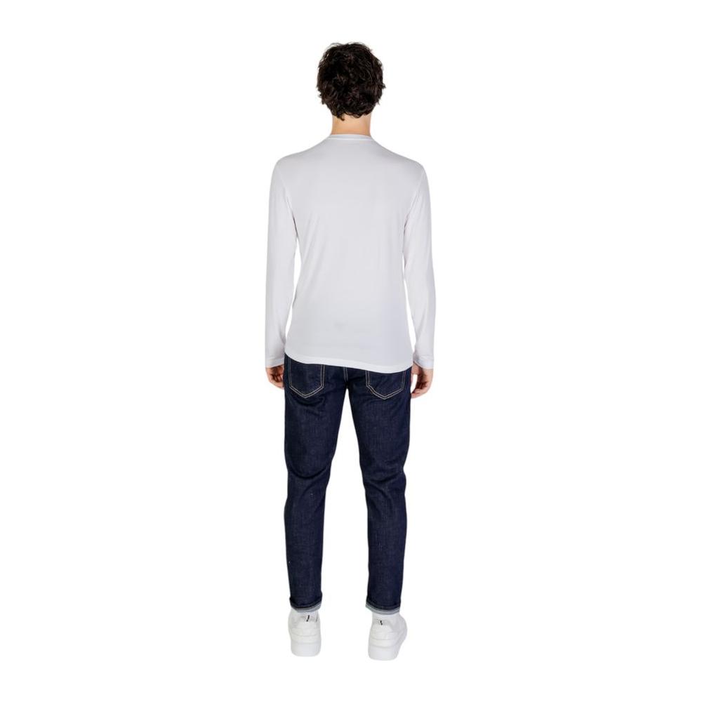 Back view of a man wearing Emporio Armani Underwear white modal shirt and jeans, showcasing long sleeves and a comfortable fit.