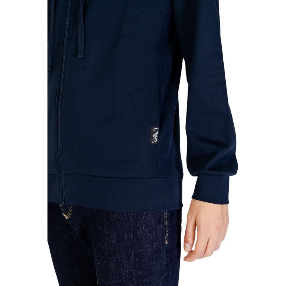 Model wearing Emporio Armani blue polyester hoodie with zip closure, showcasing the casual and versatile design for men.