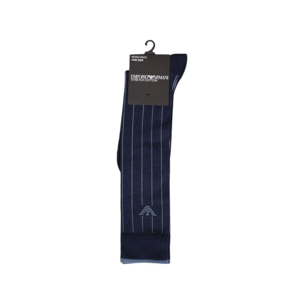 Emporio Armani blue cotton long socks for men with striped design, ensuring comfort and breathability, ideal for any occasion.