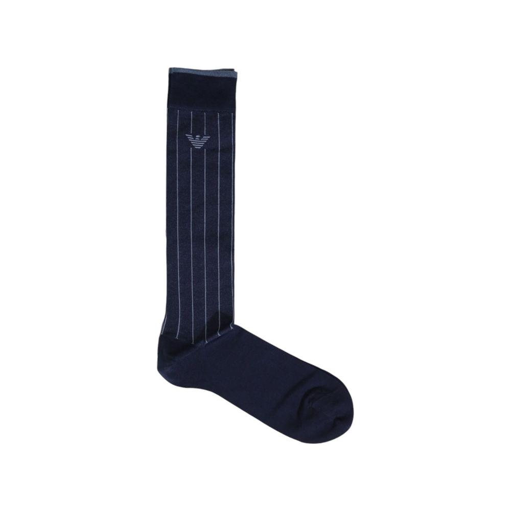 Emporio Armani blue cotton socks with vertical stripes and logo, long design for men, offering comfort and breathability.