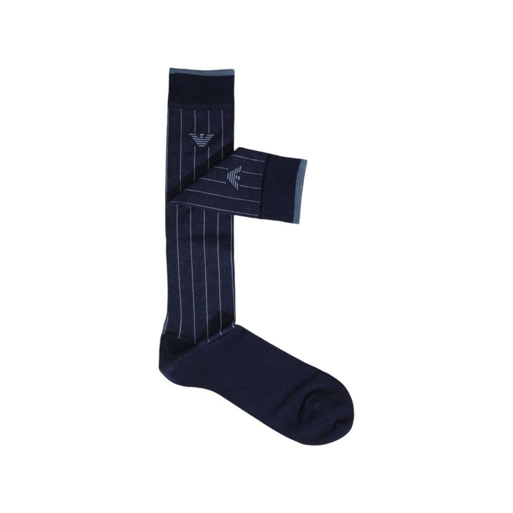 Emporio Armani blue cotton socks for men, featuring pinstripe design and logo, providing comfort and breathability for everyday wear.