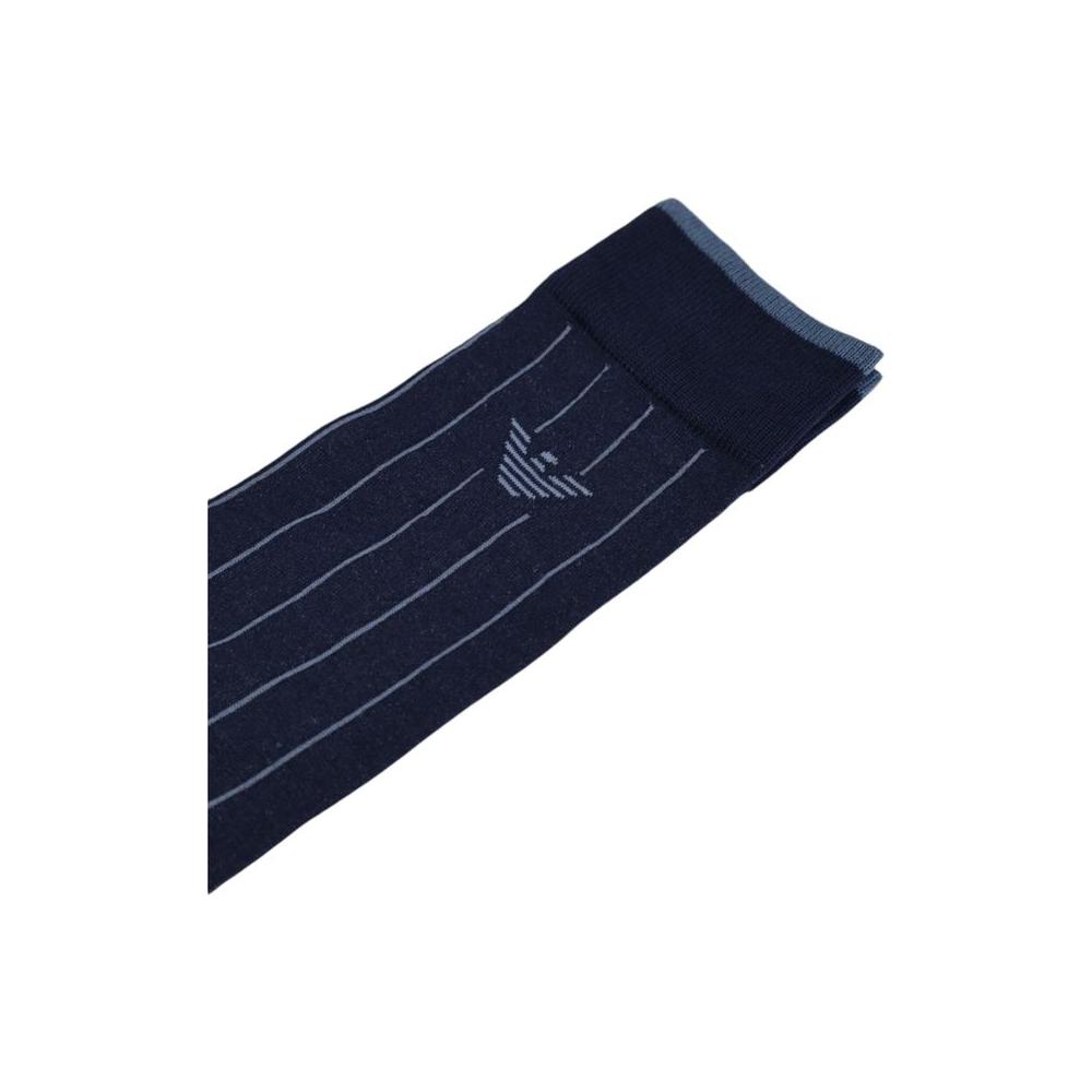 Emporio Armani blue cotton sock with logo and stripe design, ideal for men seeking comfort and breathability.