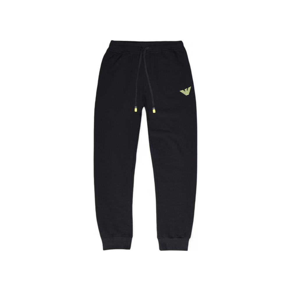 Emporio Armani men's black sports pants with drawstring waistband and logo, made from cotton-polyester blend