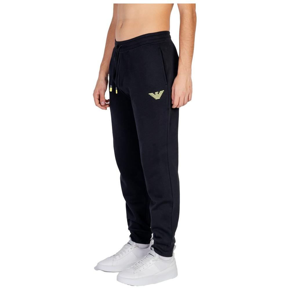 Emporio Armani black cotton sports pants with logo, side view, elastic waistband with drawstring, designed for optimal comfort.