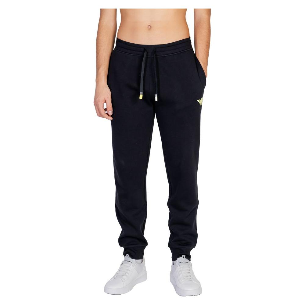 Emporio Armani black cotton sports pants with elastic waistband, drawstring, and side pockets for comfort and style.