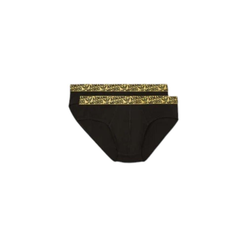 Alt Tag: Emporio Armani men's black briefs with logo waistband, made from 95% cotton and 5% elastane for comfort and style.